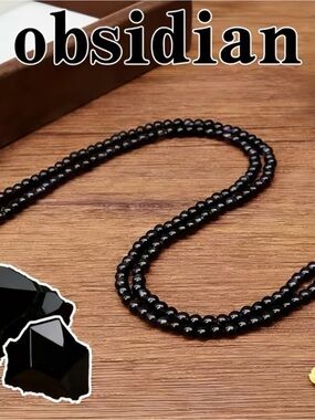 Obsidian Black Beaded Necklace      approx 33.5”